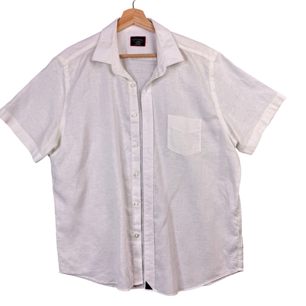 UNTUCKit White 100% Linen Short Sleeve Button Up Shirt Mens Large Wrinkle Resist